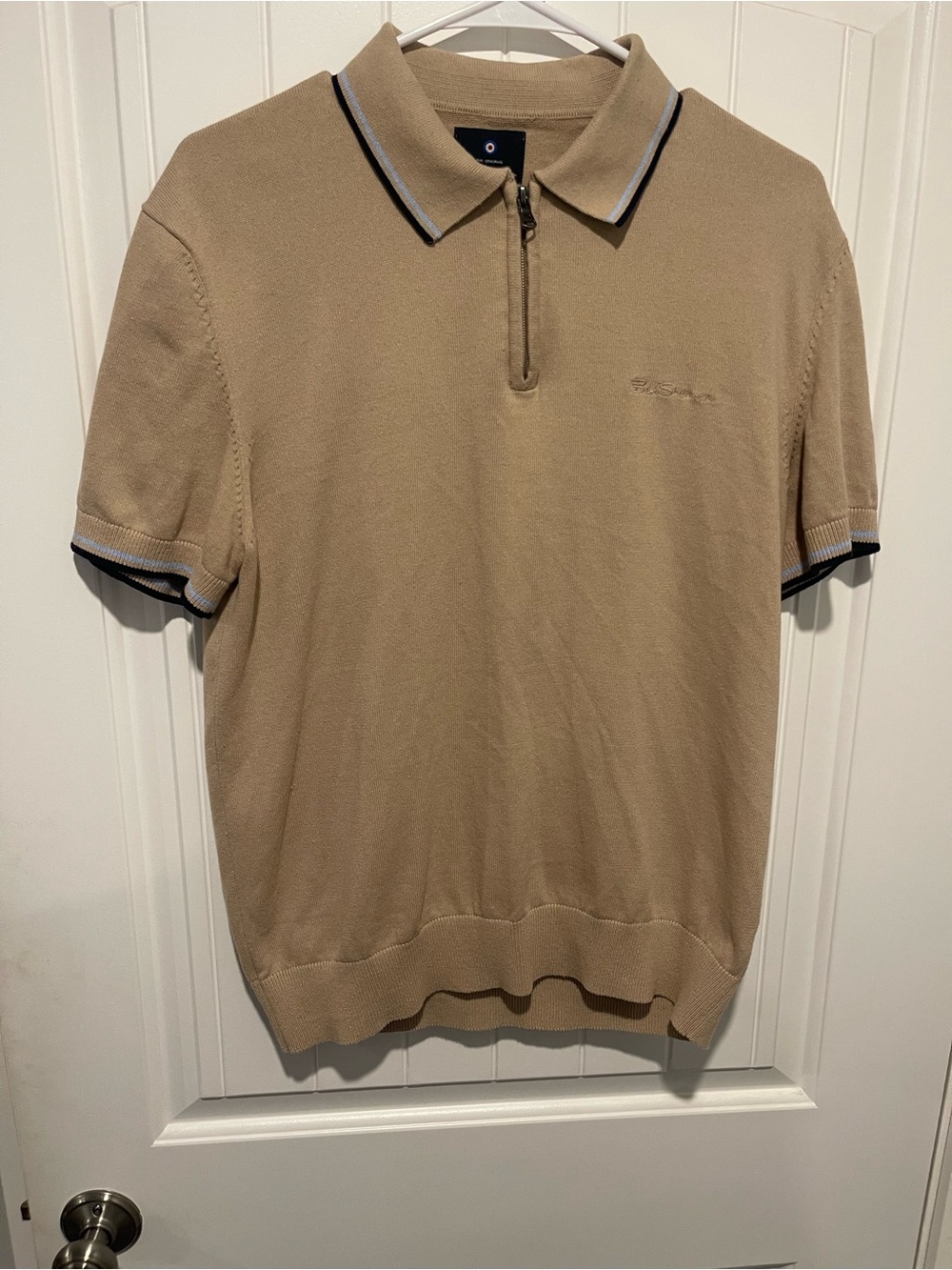 Ben Sherman Knit Polo Shirt Men’s Medium Beige 1/4 Zip Short Sleeve Mod Casual